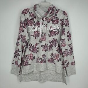 Calvin Klein Womens Small Pullover Sweatshirt Gray Purple Floral Cowl Neck LS